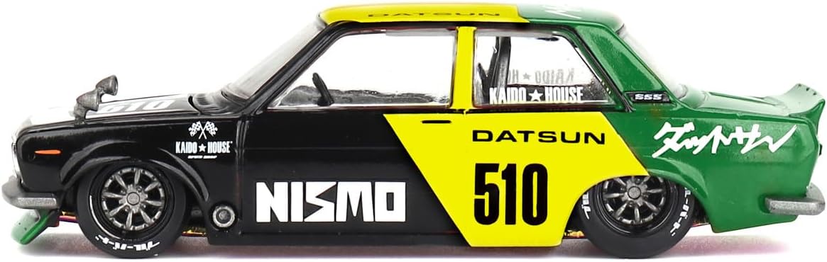 1:64 Scale Diecast Model Car Compatible with Nissan Datsun Street 510 Racing V2 Black Yellow Limited Edition by Kaido House KHMG131