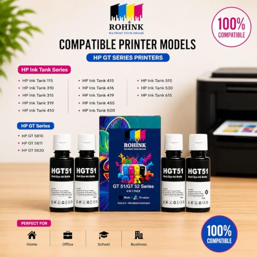 Image of ROHINK GT51 GT52 Ink Refill Dye Ink Compatible with HP Ink Tank 115, 310, 315, 319, 410, 415, 416, 419, 455, 500, 515, 530, 615, GT 5810, GT 5811, GT 5820 (70ml*4 Black)