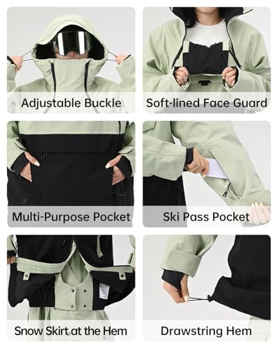 HIGH EXPERIENCE Mens Ski Jacket 3L Snowboard Anorak Coat Baggy Snow Pullover Hooded Waterproof Windproof Insulated Winter (US, Alpha, Large, Regular, Regular, Black)