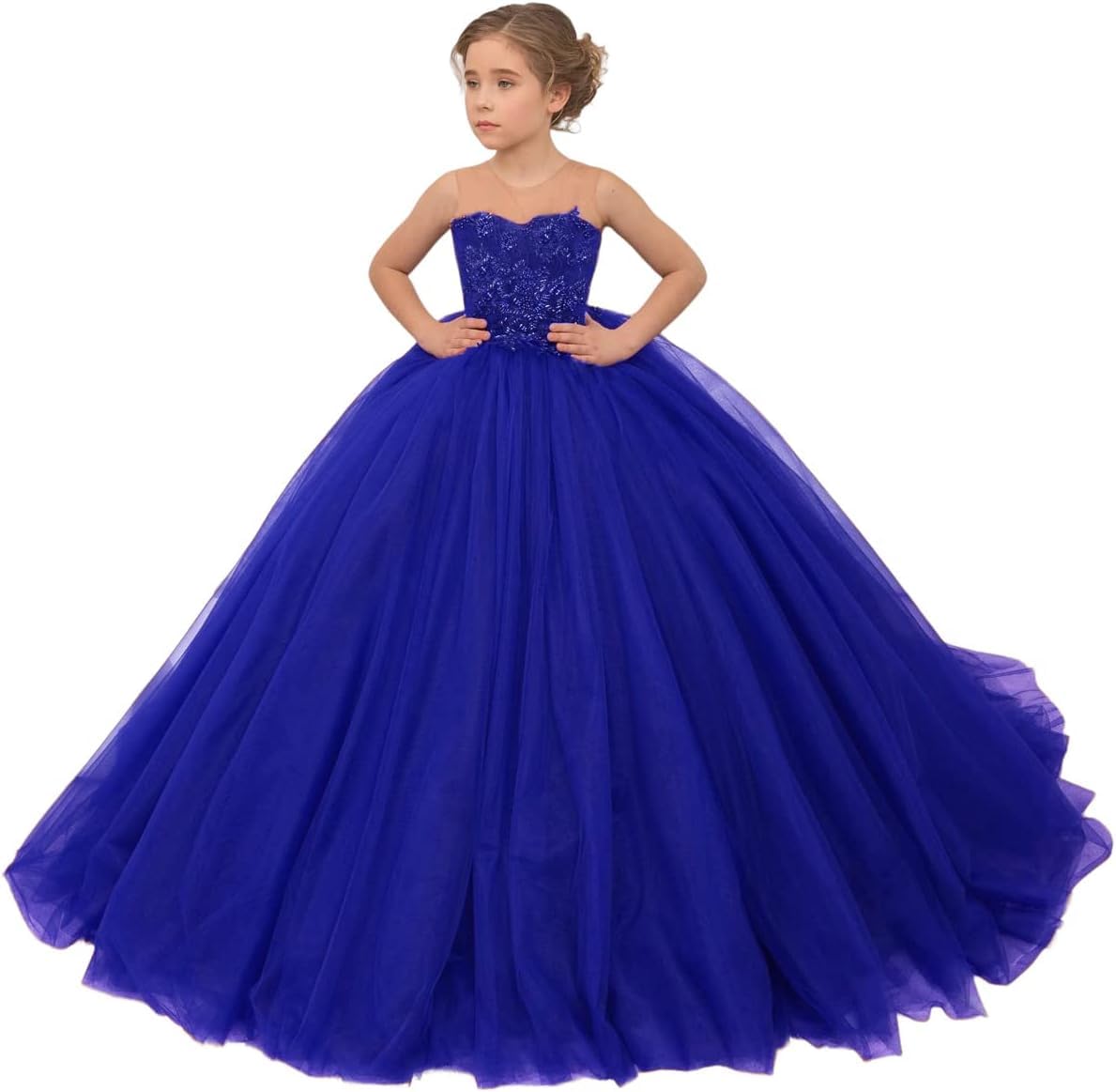 Fuomomo Girls Royal Blue Princess Pageant Dresses Prom Dresses Beaded Applique Tulle Floral Party Dresses