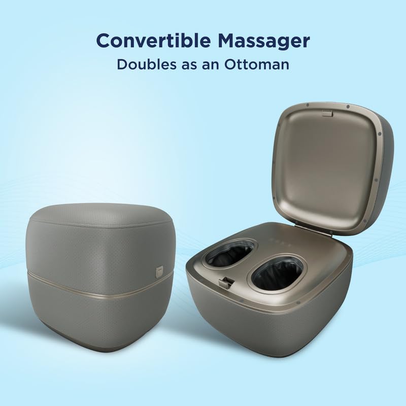 Image of The Sleep Company Wave X Foot Massager with Ottoman | 18 Custom Massage Styles | Shiatsu Rolling & Kneading, Vibration & Heat | 2-in-1 Convertible Design | Lasts up to 10 Sessions| Suede Finish | Grey Leatherette