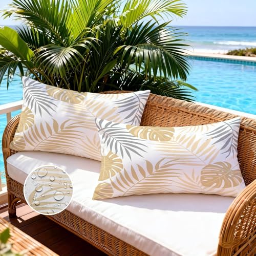 Brylleii Housse de Coussin Extérieur Imperméable 30x50 Housse Coussin Jaune Oreiller Decoratif Canape Feuilles Tropicales Taies d'oreiller Printemps Été...
