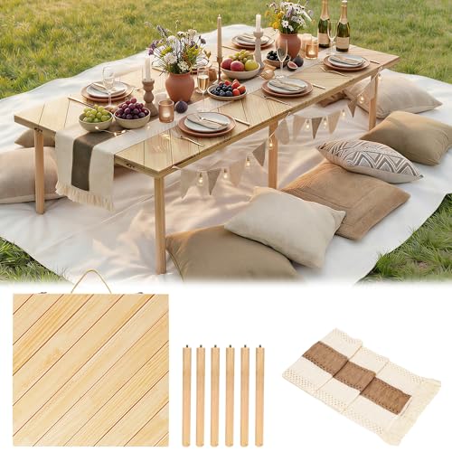 LITURTOO 60 x 30 Folding Picnic Table Boho Low Picnic Table with Table Runner No Assembly Required Camping Table Beach Table for Indoor Outdoor Camping Wedding Beach Garden Party