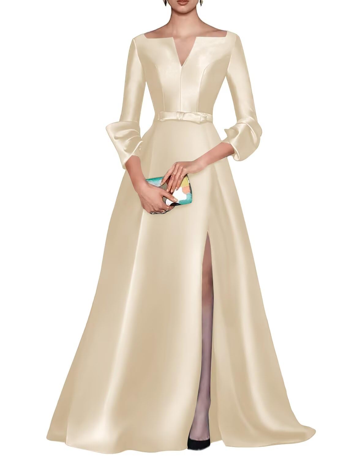 Long Sleeve Satin Mother of The Bride Dresses for Women A Line Formal Dress V Neck Evening Party