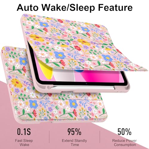 MEEgoodo Case for iPad A16 11th Generation 11 inch 2025/10th Gen 10.9 in 2022,Cover with Transparent Acrylic Back Shell,Tablet Case with Pencil Holder+Auto Wake/Sleep+Trifold Stand, Flat Spring Floral by MEEgoodo - Image 3