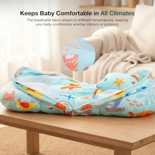 Image of BAYBEE 3 in 1 Baby Bedding Set with New Born Mosquito Net, Bed Mattress & Neck Pillow, Foldable Portable Nest Travel Bed, Baby Gift for Boy Girl (Lite Green)