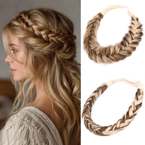 DIGUAN 2PCs Handmade Messy Wide Fishtail Synthetic Hair Braided Elastic