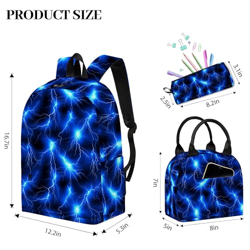 Image of Lightning Printed Backpack Set for Boys Kids, 3Pcs Bookbag with Pencil Case for Back to School, 17 Inch Lightweight Laptop Backpack with Lunch Bag for Mens Teens Office, High School
