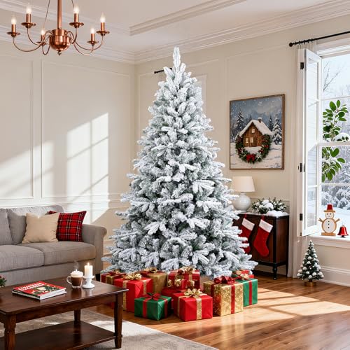 Optmspic 7 ft Flocked Artificial Christmas Tree, Spruce Christmas Trees for Holiday with 1000 Thickened Branch, Easy Assembly Xmas Tree Decoration for Home & Office & Party