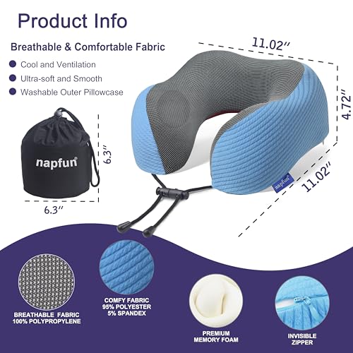 Image of napfun Neck Pillow for Traveling, Upgraded Travel Neck Pillow for Airplane 100% Pure Memory Foam Travel Pillow for Flight Headrest Sleep, Portable Plane Accessories, Sky Blue
