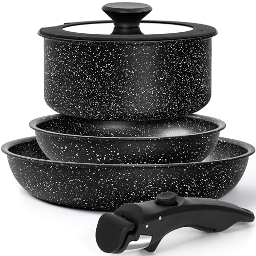 MICHELANGELO Pots and Pans Set Detachable Handle, 5 Piece Nonstick Kitchen Cookware Sets, Stackable Pots and Pans Set with Removable Handle, Oven Safe - 5Pcs, Black