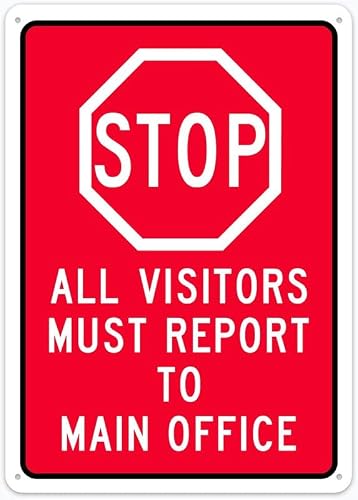 8"x12" Tin Metal Sign - Stop All Visitors Must Report To Main Office - Rustic Decorative Sign For Home, Outdoor, Cafe, Bar, Kitchen