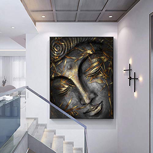 Cabeza del Señor Buda Estatua con Hojas Doradas Decoración para el hogar Cuadros de Pared para Sala Pintura en Lienzo Obra de arte-80x100cmx1 Piezas sin Marco Cover