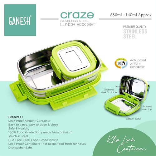 GANESH Craze Stainless Steel Tiffin Lunch Box Container/Dabba with 4 Side Clip Lock Lid for Office & School Use/Food Grade/Air Tight/Easy to Carry/Leak Proof(650ml 1pc + 140ml 1 Pc) Blue (Image - 6)