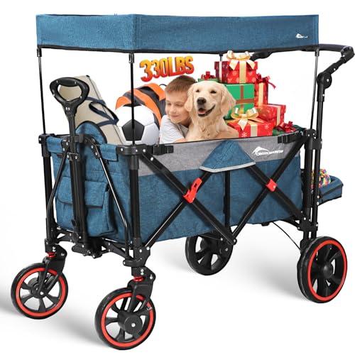 Collapsible Canopy Wagon, Foldable Wagon Stroller with 330LBS, Heavy Duty Cart with Shock-Absorbing Wheels, Adjustable Push Pulling Handles for Camping, Garden, Sports, Shopping, Blue