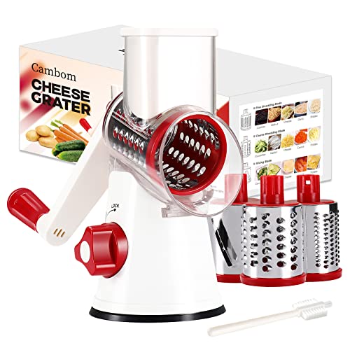 Cambom Manual Rotary Cheese Graters - Round Mandoline Slicer Cheese Shredder Vegetable Slicer Walnuts Grinder With Strong-Hold Suction Cup Base And Cleaning Brush（C315Rw） #TOP29