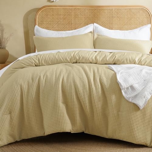 Image of David's Home Textured Summer Waffle Weave Comforter Set, King, Pale Khaki | Cozy Soft Lightweight Breathable Fluffy Durable Hotel Bedding with Pillow Shams for All Season, Luxury Home Decor, Giftable