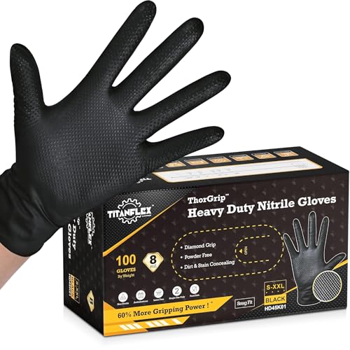 TitanFlex Heavy Duty Black Industrial Nitrile Gloves, 8-mil, Large, Box of 100, Latex Free, Raised Diamond Texture, Powder Free, Food Safe, Rubber Gloves, Mechanic Gloves