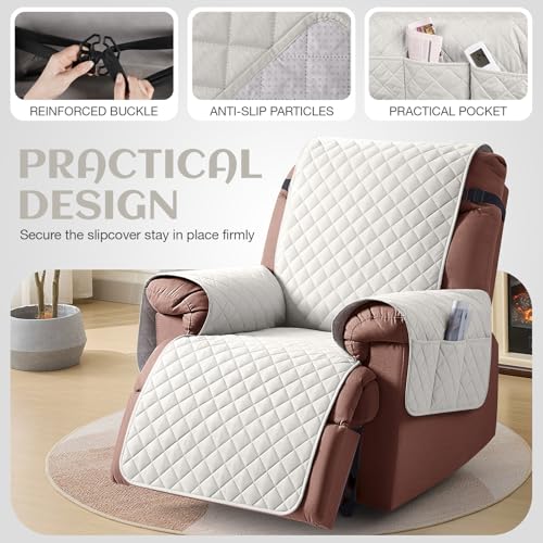 Image of KinCam 100% Waterproof Recliner Chair Cover, Reclining Couch Covers for Pets, Dogs, Recliner Couch Slipcover Furniture Protector with Elastic Straps for Kids(23.6 inch, Beige White)