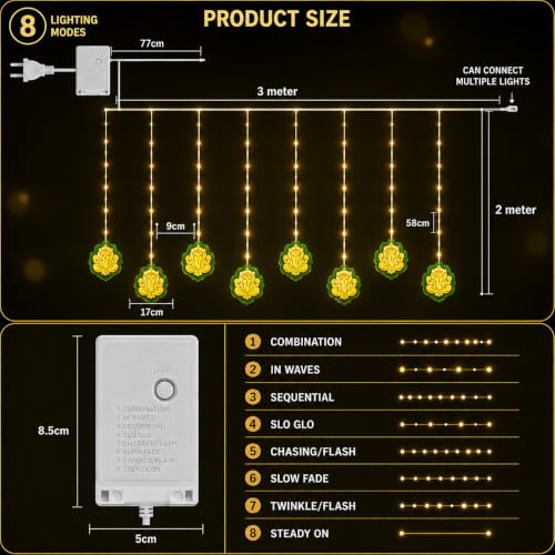 Image of fizzytech Leaf Ganesh Curtain LED String Lights with 8 Lighting Modes for Pooja Room, Diwali, Festival & Home Decoration