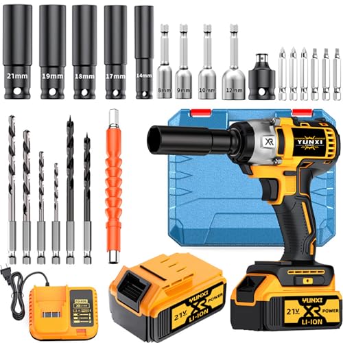 Image of cordless impact wrench drill kit, brushless electric impact gun drill, optional battery, toolbox, charger, socket and complete set of accessories (Battery * 1+plastic box)