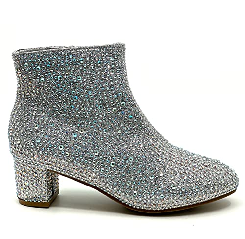 Forever Girls Rhinestone Boots Kids Low Heel Dress Booties Iceberg-12K Shoes Silver Rhinestone 13