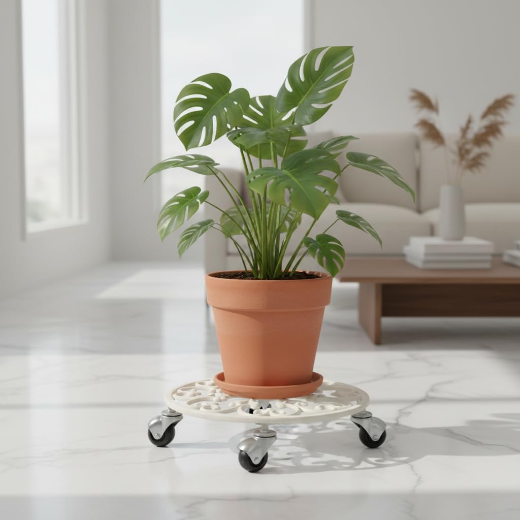Comfy Hour 11.8" Heavy Duty Cast Iron Plant Stand with Wheels, Antique White Rolling Plant Caddy for Large Pots, Decorative Flower Pot Mover & Floor Protector for Indoor Outdoor Garden
