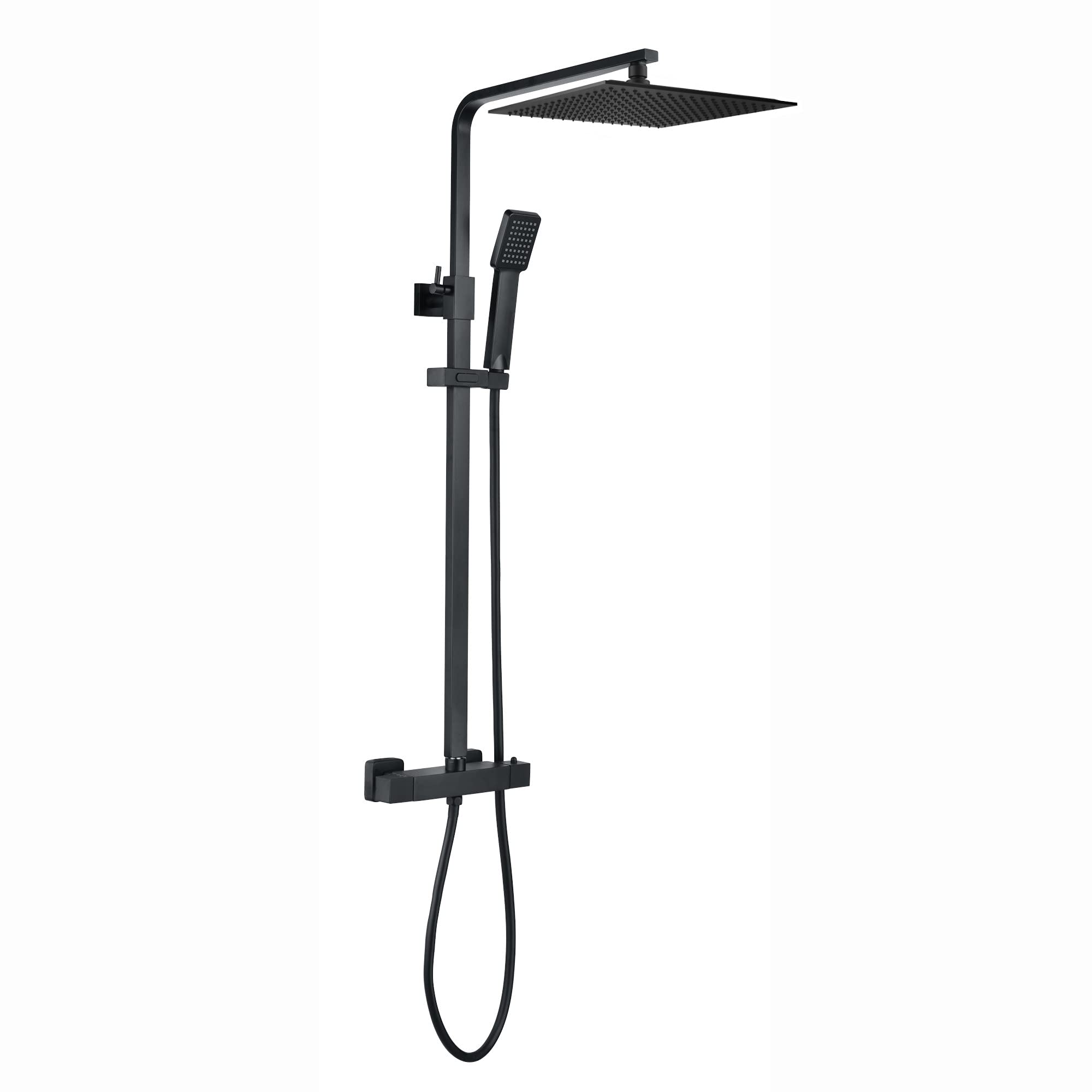 ENKI, ENZO, SH0611, Matt Black Shower Set Thermostatic 38 Degree Mixer Thermostatic 300mm Ultra Slim Overhead Rain Shower Handheld Shower Square Shower Mixer System, 1-Year Guarantee