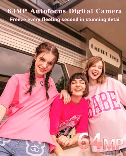 Image of FLATIC Cameras for Photography, 6K 64MP Digital Camera with WiFi & Microphone, Vlogging Camera with 64GB Card, 2 Batteries, Macro & Wide-Angle Lens, Card Reader (6K 64MP, Pink, Digital Zoom)