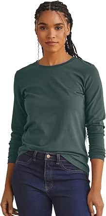 Fair Indigo Women's 100% Organic Pima Cotton Relaxed Long Sleeve Crew Neck T-Shirt