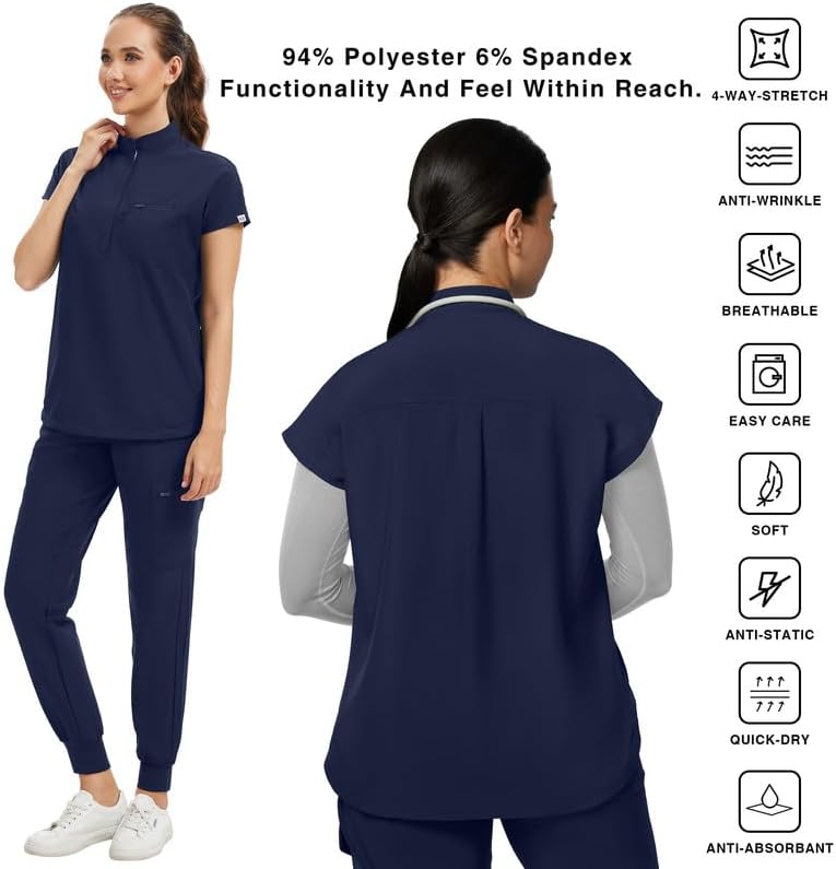 Kitmaz Women's Scrub Set - Convertible Mandarin/V-Neck Top & Jogger Pants, 9 Pockets, Wrinkle & Splash Proof - Image 5