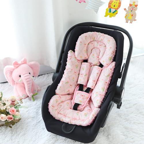 Image of Infant Car Seat Insert with 3 Strap Covers, Soft Car Seat Head Support for Baby Girls, Plush Fabric Newborn Insert for carseat, Strollers, Swings, Bouncer, Flower Bow
