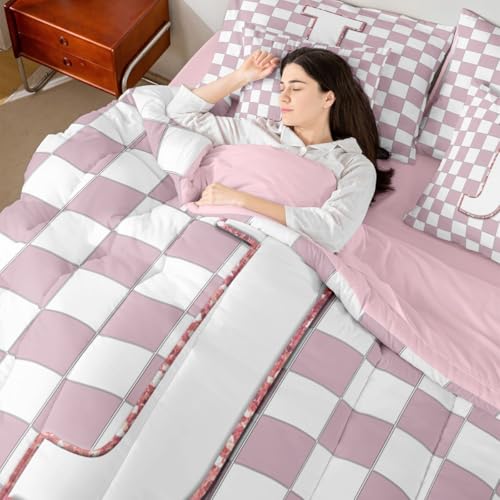 Image of Erosebridal Pink Initial J Full Bed in A Bag 7 Piece Kawaii Plaid Checkered Comforter Set with Sheets Cute Personalized Monogram Bedding Sets for Kids Girls Teen Women,Fashion Grids Gingham Bed Set