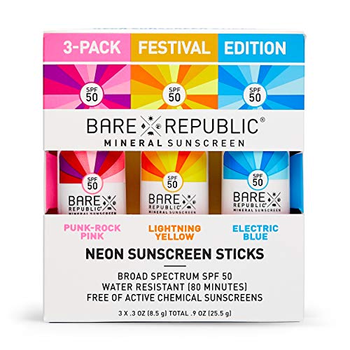 Bare Republic Mineral Sunblock Neon Stick SPF 50, 0.3 oz (Pack of 3)