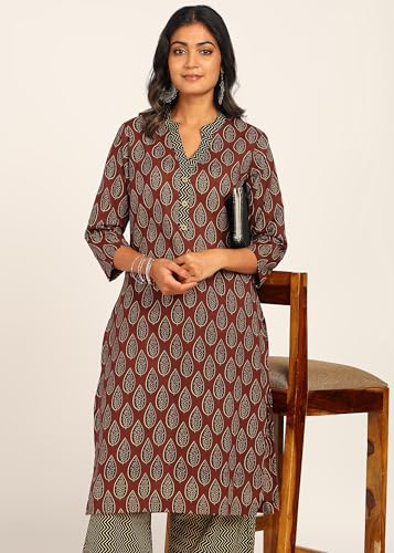 Image of BLOCKS OF INDIA Women's Solid Straight Kurta Set | Hand-Stitched Neck Details with Pintucks | Comfortable Pants with Pockets, Elastic Waist & Drawstring Fit