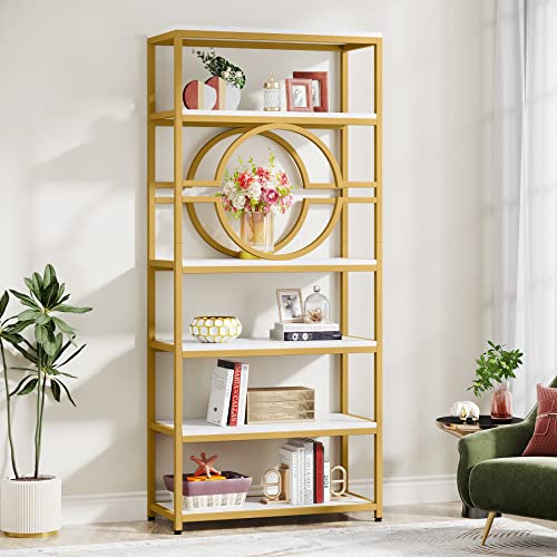 Image of Tribesigns 6-Tier Bookshelf, 74.2 inch Tall Bookcase Metal Book Shelf, Freestanding Storage Shelves Modern Bookshelf for Home Office Living Room Bedroom (White /Gold, 1PC)