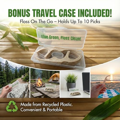 Image of Dental Floss Picks (220 Count) - Mint Flavored Tooth Flossers, Thin Single Thread Floss, Shred-Resistant Smooth Glide for Plaque Removal, Wheat-Straw Handle | Travel Case Holds up to 10