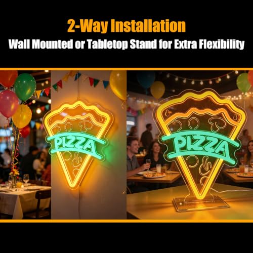 Image of Pizza Neon Sign, Type-C & USB Powered Neon Lights with Base Stand | Food Neon Signs for Kids Bedroom, Game Room, Kitchen, Desk & Wall Art, Aesthetic Room Decor Gift, Hooks Included