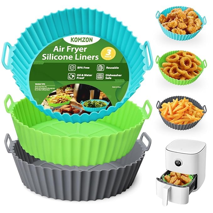 Air Fryer Silicone Basket Liners, Cooking Oven Insert Accessories, Pot with Ear Handles, Nonstick Reusable with Handles, 3 Pack, Multicolor-image-8