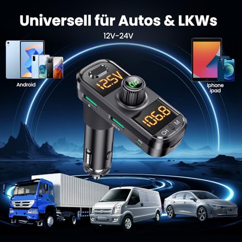 GizmoVine FM-Transmitter Adapter Kit, Bluetooth-Empfänger für Auto mit QC3.0 & PD3.0 Fast Charger, Musik-Radio, MP3 und USB, Zigarettenanzünder-Sender, Hands Free Car Adapter für Telefon