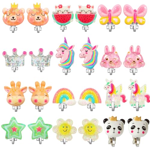 PinkSheep Pendientes de clip para niñas, 12 pares de diseños de unicornio, mariquita, arco iris y princesa para niñas mayores de 16 años