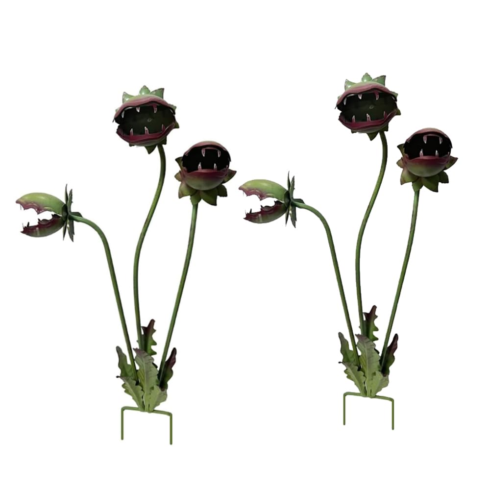 A-2Pcs 2 Packs Whimsical Metal Carnivorous Plant Garden Stake, 25-Inch (63.5Cm) Large Venus Flytrap Sculpture, Unique Quirky Yard Art For Outdoor Flowerbeds, Patios, Planters & Garden Decor