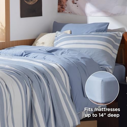 Image of Bedsure Twin XL Comforter Set 5 Pieces, Blue Striped Bedding Set for All Seasons, Reversible, Cationic Dyeing Bed in a Bag with Comforter, Sheets, Pillowcase & Sham