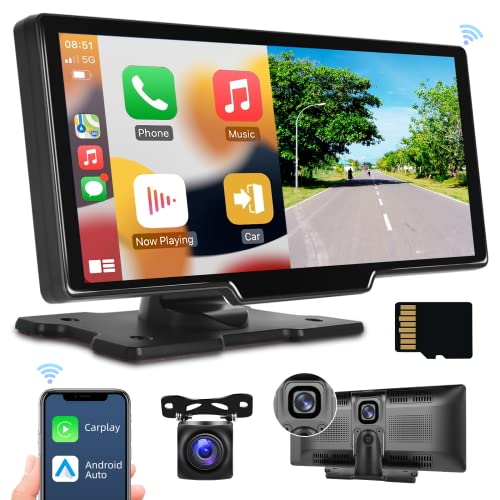 Wireless Apple Carplay Portable Car Stereo With Hd Front And Rear Backup Camera Driving Recorder 32G Tf Card, Podofo 9.3'' Touchscreen Radio Dash Camera,Bluetooth/Gps Navi/Voice Control/Android Auto #TOP7