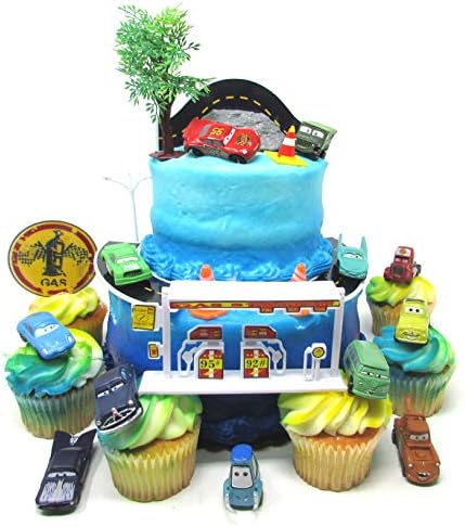 Cars Radiator Springs City Scape Birthday Cake Topper Set Featuring Random Cars Figures And Radiator Springs Decorative Themed Accessories