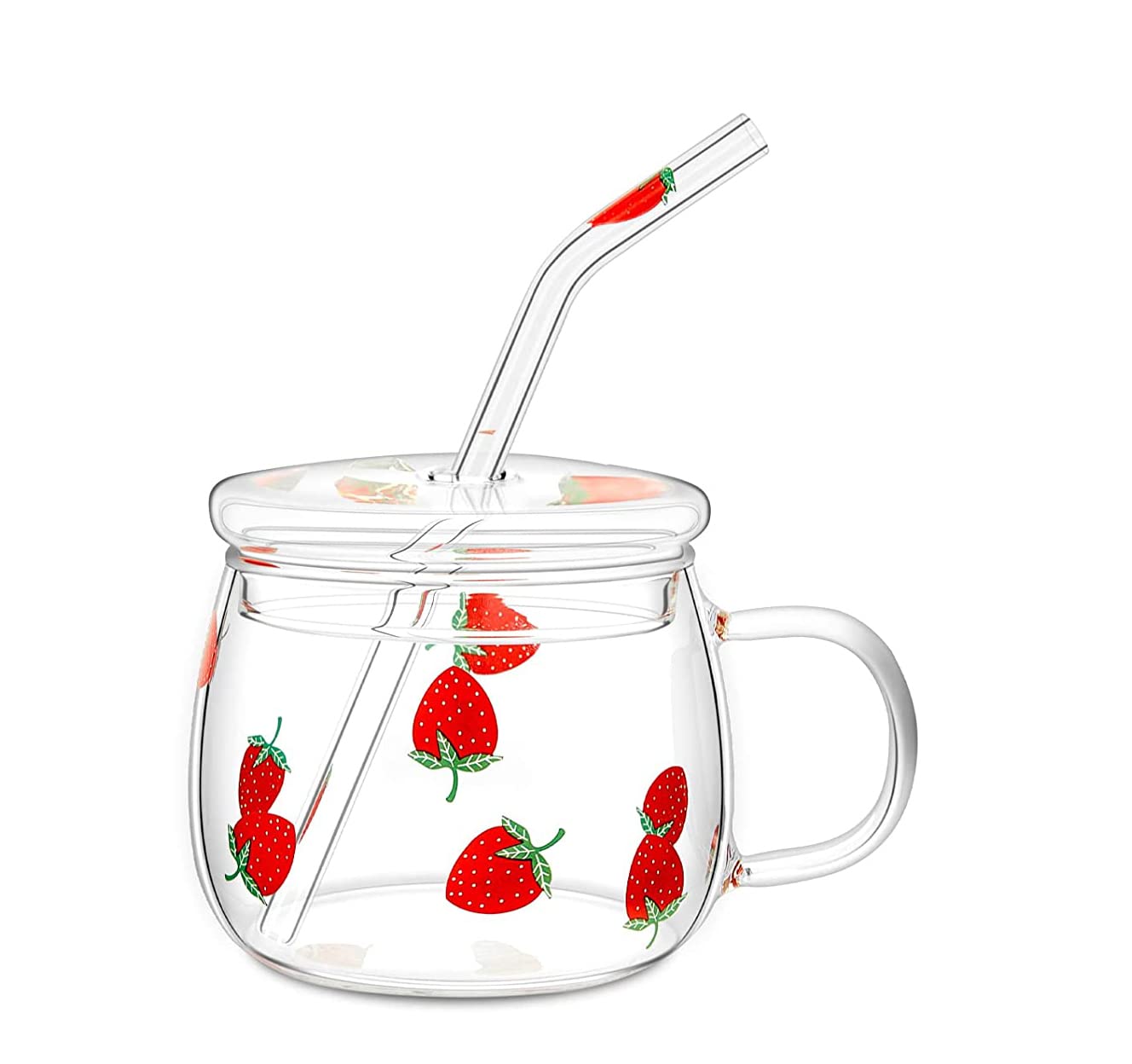 Glass Water Cup, Milk Cup with Straw and Lids, Reusable Double-Wall Coffee Cup, Heat Resisting Cute Clear Milkshake Cup, for Juice Milk Hot Cold Water, Tea, Matcha, 300ml Travel Cup (strawberry S)