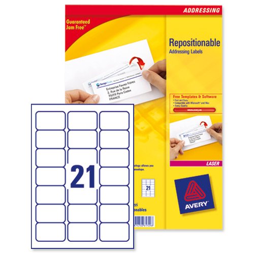 Image of Avery Repositionable Address Labels Jam Free 21 per Sheet 63.5x38.1mm Ref L7960-100 [2100 Labels]