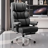 BestGlory Office Desk Chair, Big and Tall Leather Gaming Chair with Footrest, Wide Ergonomic Comfy Executive High-Back Reclining Computer Chairs, Swivel Rolling Wheels and Lumbar Support, Matte Black