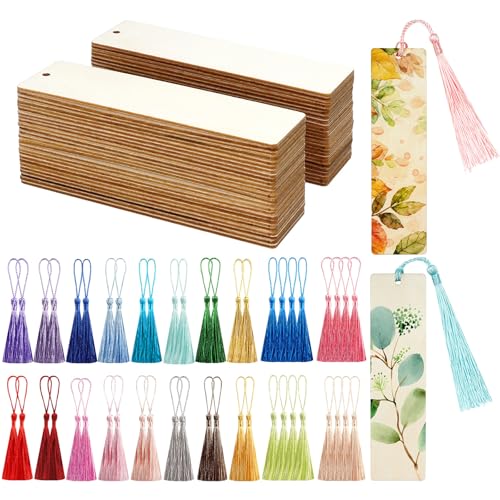 50 Pcs Wooden Bookmarks Unfinished Wooden Bookmarks with 50 Pcs Tassels DIY Blank Wood Bookmark for DIY Art Crafts Birthday Gifts Christmas Party Decoration (Rectangular Shape)