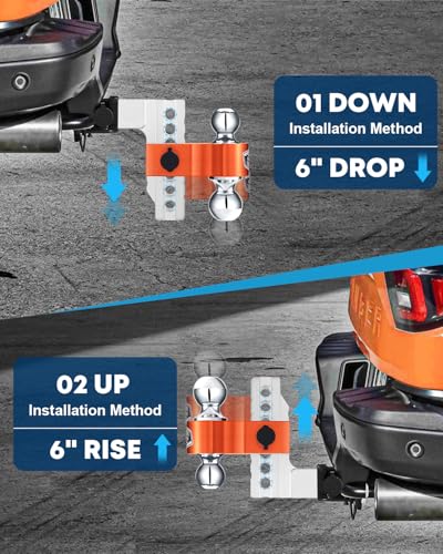Image of Kohree Adjustable Trailer Hitch Fit 2 Inch Receiver, Dual Solid Ball 2 inch and 2-5 /16 inch(12,500 LBS GTW), 6 inch Drop & Rise Heavy Duty Aluminum Tow Hitch with 4 Silencer Pads & 2 Locking Hitch Pin, Orange
